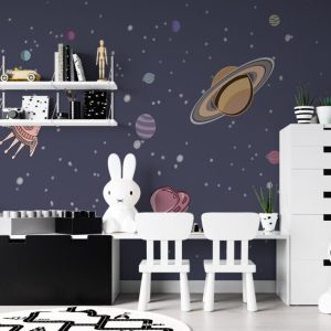 Space Shuttle and Planet Patterned 3D Wallpaper