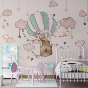 Colourful Balloon Flying Bear and Cloud Patterned 3D Wallpaper