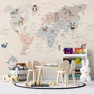 Beautifully Written and Animal Patterned Children's Map 3D Wallpaper