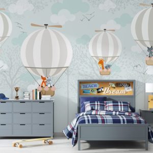 3D Wallpaper with Animals in a Flying Balloon