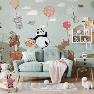 3D Wallpaper with Animals Flying on Balloons