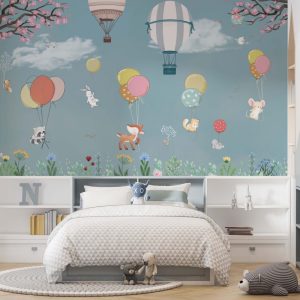 Blue Background Colored Flying Balloon Animals 3D Wallpaper