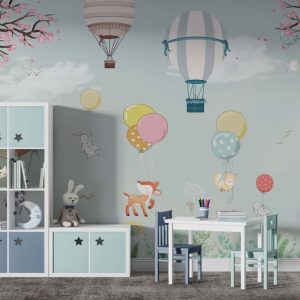 Soft Blue Tones Flying Balloon Animals 3D Wallpaper