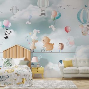 Kids Room Animals on Rope and Balloons 3D Wallpaper