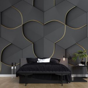 Gold Detailed Grey Geometric 3D Wallpaper
