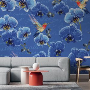 Large Tropical Leaves and Colorful Parrots Wallpaper