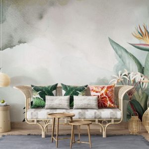 3D Tropical Wallpaper with Bird and Flower Patterns