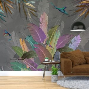 3D Tropical Wallpaper with Multi-Coloured Leaf and Bird Patterns
