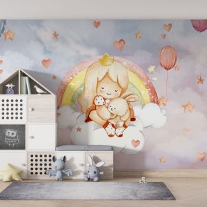 Rainbow Cloud with Rabbit Girl Watercolour Wallpaper