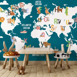 In Blue Shades Alphabet World Map 3D Wallpaper