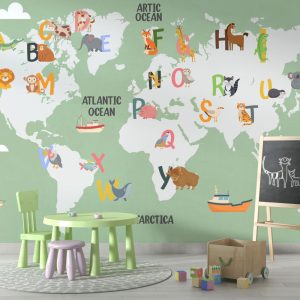 Green Tones Alphabet World Map 3D Wallpaper