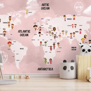 Pink Background Child Patterned World Map 3D Wallpaper