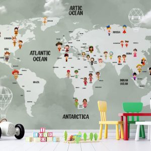 Green Background Child Patterned World Map 3D Wallpaper