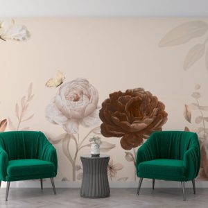 White-Brown Rose and Plant Patterned 3D Wallpaper