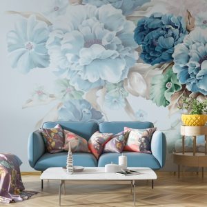 Big Rose Pattern 3D Wallpaper in Blue Tones