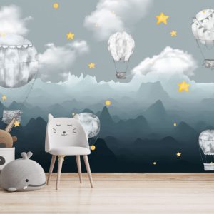Blue Tones Wallpaper with Flying Balloons and Mountain View