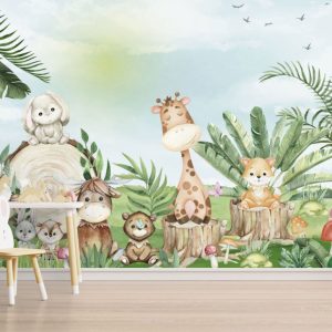 Cute Animals in Forest 3D Kids Wallpaper