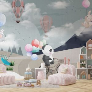 Panda on a Bicycle and Flying Animals Wallpaper