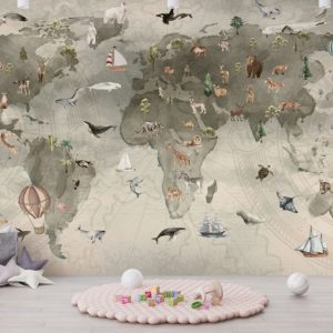 Children's World Map Wallpaper with Animals and Compass