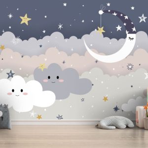 Smiling Face Moon and Clouds Sky Wallpaper