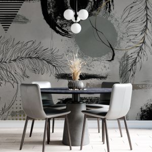 Soft Feather and Geometric Patterned 3D Wallpaper