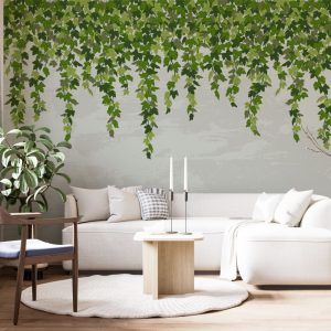 Hanging Vine Leaves in Gray from Above Wallpaper