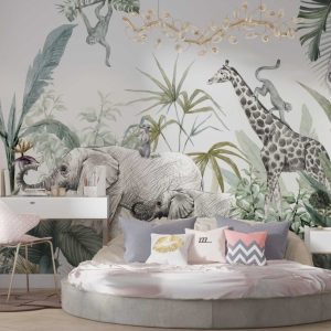 Pencil Style Animals and Soft Tropical Wallpaper