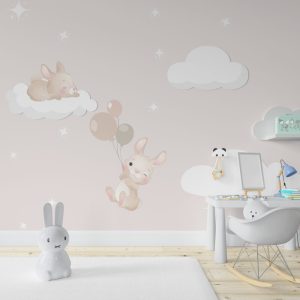 Bunnies Flying with Balloons in Pink Sky Wallpaper