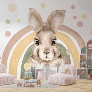 Large Rabbit and Rainbow Wallpaper