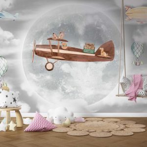 Airplane and Flying Balloons in Front of the Big Moon Wallpaper