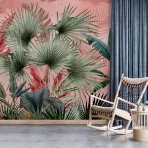 Large Tropical Leaves Wallpaper with Pink Background