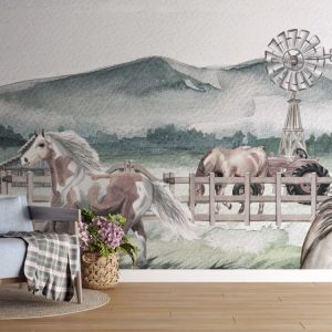 Soft Tones Horse Farm 3D Wallpaper