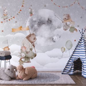 Rabbit and Bear Friends Moonlight Wallpaper