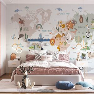 World Map Little Animal Friends Wallpaper