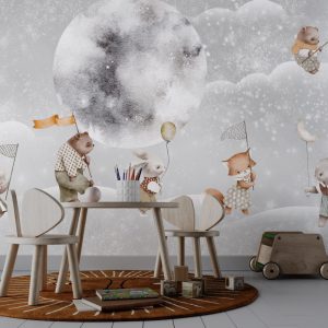 Rabbit and Bear Friends Moonlight Wallpaper