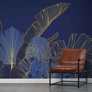 Gold Striped Tropical Forest Blue Background Wallpaper