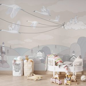 Bunnies Travelling with Birds Beige Wallpaper