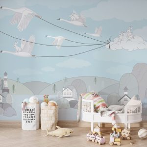 Bunnies Travelling with Birds Blue Wallpaper