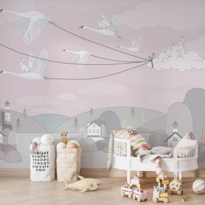 Bunnies Travelling with Birds Pink Wallpaper