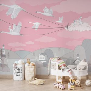 Bunnies Travelling with Birds Dark Pink Wallpaper