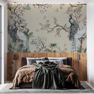 Peacocks and Flowers Patterned 3D Wallpaper with Cream Background