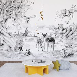 Cute Deer and Animals in Black and White Forest Wallpaper
