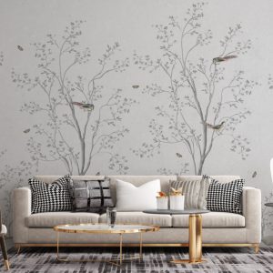 Gray Tones Birds on Tree Branches Wallpaper