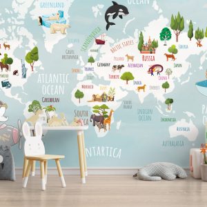 Turquoise Background Animal Children Map 3D Wallpaper