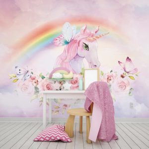 Unicorn 3D Wallpaper in Soft Pink Tones