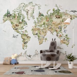 Tropical Animals Kids Map 3D Wallpaper with Turquoise Background