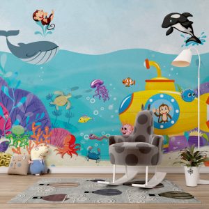 Diving Monkey and Sea Creatures Wallpaper