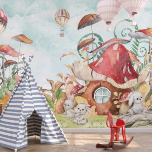 Mushroom Houses and Cute Rabbits Wallpaper