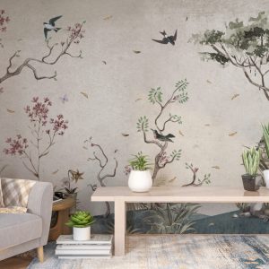 Leaves and Birds Falling in Autumn Wallpaper