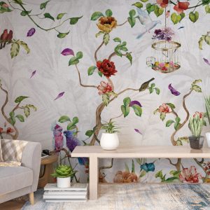 Colorful Birds and Flowers Wallpaper
